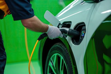 Electric Car Charging at Station with Green Background Highlighting Sustainable Transportation and Clean Energy Solutions