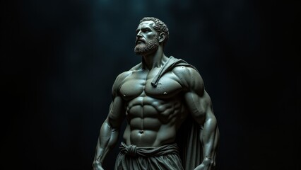 Fototapeta premium Statuesque male form in a dynamic pose, draped with a cloak, set against a banner stoic background, symbolizing power and calm.