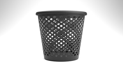Empty textured dust (trash) bin for papers with round holes in black colour on a white background, side view