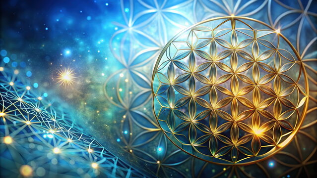 Glowing sacred geometry pattern in blue and gold