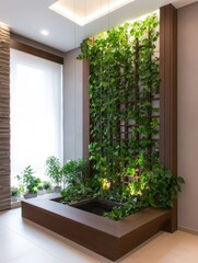 Lush indoor vine plant elegantly climbing a trellis, transforming a corner into a vibrant green oasis.