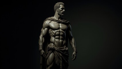 Fototapeta premium Sculpted male figure with a muscular physique and cloak, presented with a banner stoic background, evoking classical strength and composure.