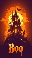 Spooky Haunted House with Full Moon and Bats in Eerie Halloween Night Illustration