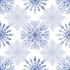 Blue snowflakes, watercolour, white background. Seamless floral pattern-466.