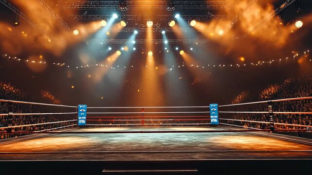 A grand view of an empty boxing ring under dramatic lighting, surrounded by a crowd of spectators, indicating anticipation, excitement Video