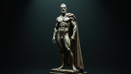 Realistic digital sculpture of a powerful man, wearing a cloak, posed against a banner stoic background, creating a sense of authority and stillness.
