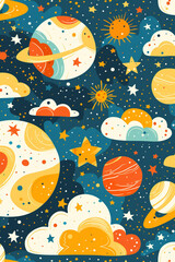 A charming space-themed 2D vector background with pastel colors, ideal for children’s projects, storybooks, and digital art. A dreamy and fun illustration for creative designs