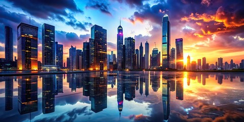 A futuristic cityscape at sunset, with sleek skyscrapers and neon lights reflected in a puddle of water, cityscape, skyscrapers