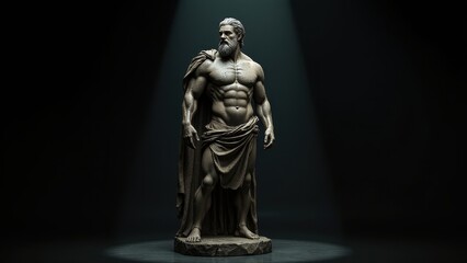 Statuesque male form in a dynamic pose, draped with a cloak, set against a banner stoic background, symbolizing power and calm.