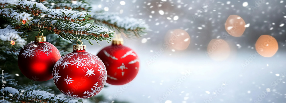 Poster three red ornaments hang on a snowy pine branch with a blurry background of falling snow and twinkli