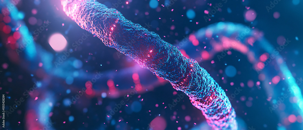 Poster abstract 3d render of a blue and pink strand of dna with blurred bokeh background, abstract 3d rende