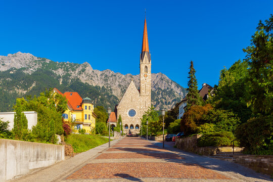 View on the St. Laurentius Parish Church in Schaan, Liechtenstein on summer day. The church was built between 1888 and 1893.