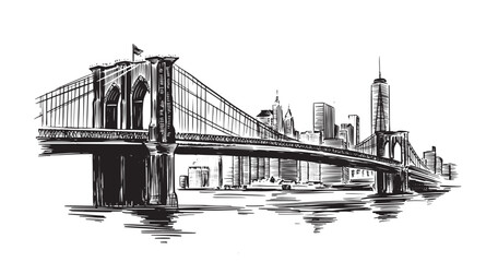 Brooklyn Bridge in New York, hand drawn illustration.	

