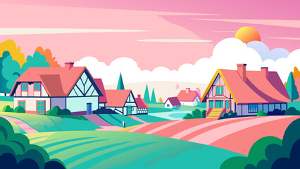 Naklejka premium Vibrant Cartoon Village at Sunset with Colorful Houses and Landscape
