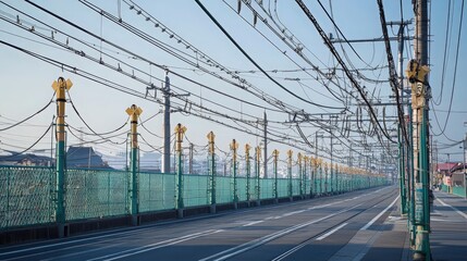 Fototapeta premium An empty urban road lined with electric poles on a clear morning in Japan