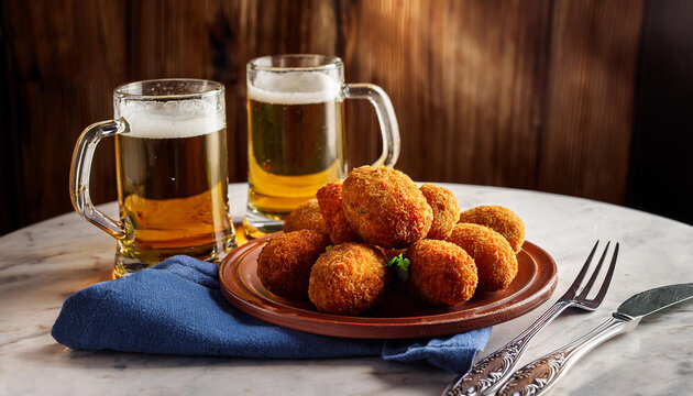 Croquetas gourmet y cerveza en ambiente de bar. Tapa t&iacute;pica espa&ntilde;ola