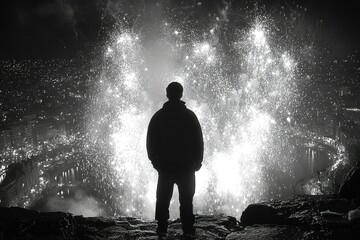 Obraz premium Silhouette of a Man Observing Fireworks Over a City at Night
