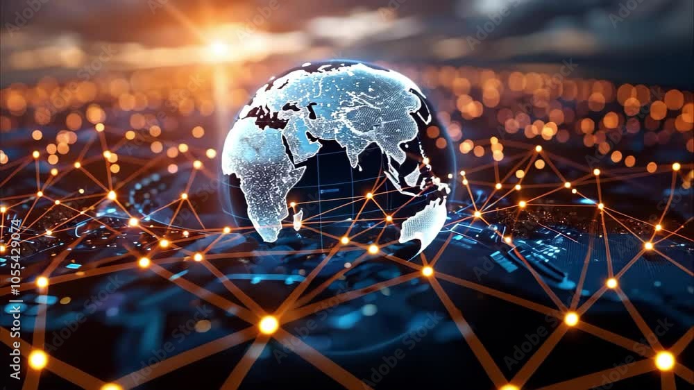 Poster a digital globe representing earth, connected with glowing lines and points, symbolizing global conn
