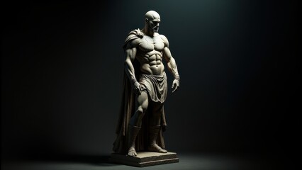 Detailed sculpture of a bearded man with defined muscles, captured with a banner stoic background, representing timeless strength.