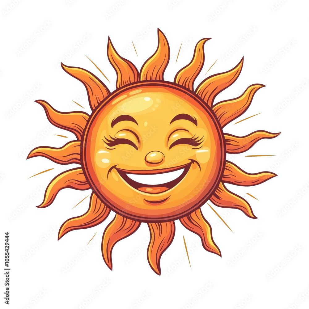 Poster smiling sun illustration with cheerful expression and bright rays, isolated on transparent backgroun
