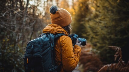 Back view of a nature photographer capturing outdoor landscapes