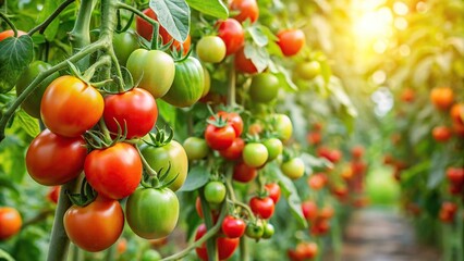 A lush green tomato plant with bright red ripe tomatoes and vines stretching upwards in a garden environment, landscape, outdoor, botanical, fruits, vegetable garden