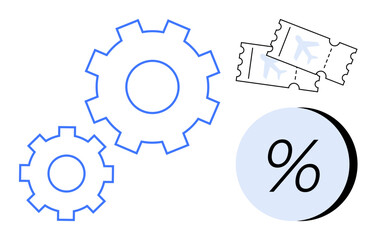 Two gears, a percentage sign, and two airplane tickets. Ideal for travel discounts, planning, aviation industry, mechanical processes, savings, optimization, productivity. Line metaphor
