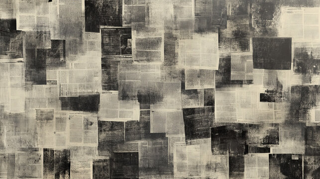 A black and white collage of newspaper pages with the effect of aging and stains adds an atmosphere of the past and a decorative element of texture to the image.