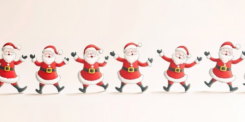 Row of joyful Santa Claus figures in dance pose.