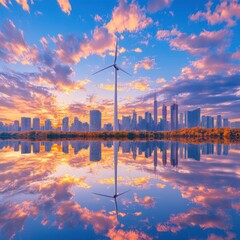 Fototapeta premium Green City Skyline with Wind Turbine and Pollution Reflection - Eco-Friendly Urban Development Concept