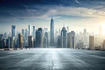 Fototapeta premium A minimalist cityscape with towering skyscrapers and busy streets stretching into the distance on a gray concrete background, gray sky, metropolitan area