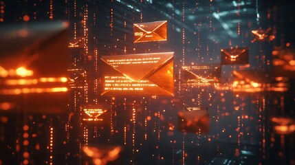 3D render of flying envelopes in the background, Mail glowing falling particle background