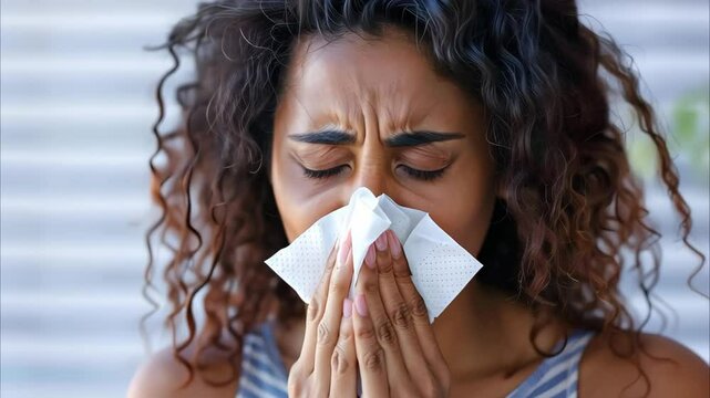 A woman with curly hair is holding a tissue to her face, appearing to be upset or crying.