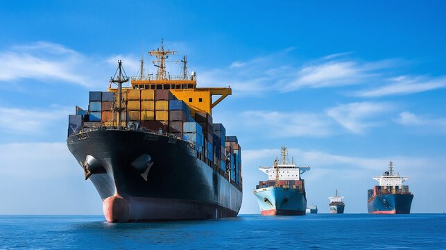 A fleet of cargo ships sailing on calm waters under a clear blue sky, symbolizing global trade and maritime transport.