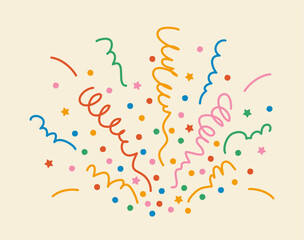 Explosion of confetti from multi-colored stars, circles, squiggles, lines from bottom to top on light background, simple cute hand drawn illustration, flat style