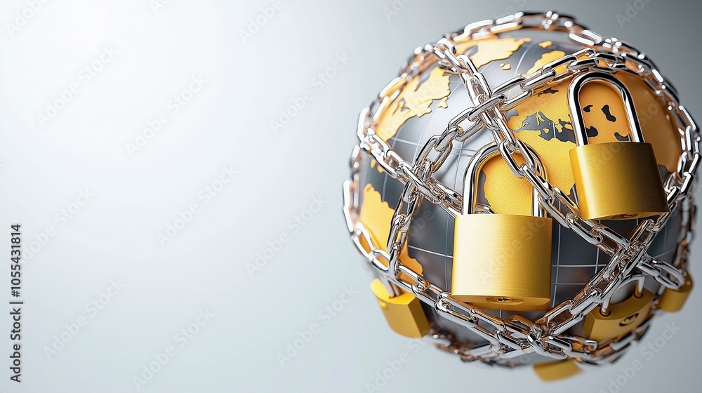 Poster a globe wrapped in chains and padlocks symbolizes global security and the importance of data protect