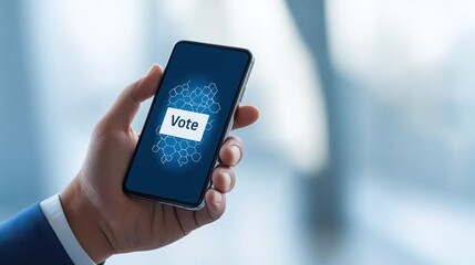 A hand holding a smartphone displaying a 'Vote' button, symbolizing digital voting and modern election participation.