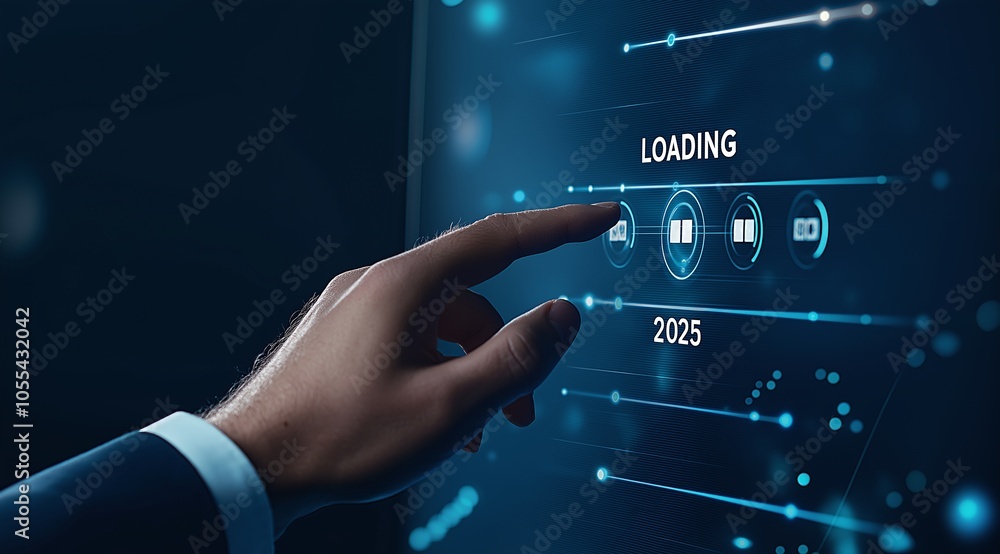 Poster a hand interacting with a digital loading screen, showcasing technology and innovation in a modern s
