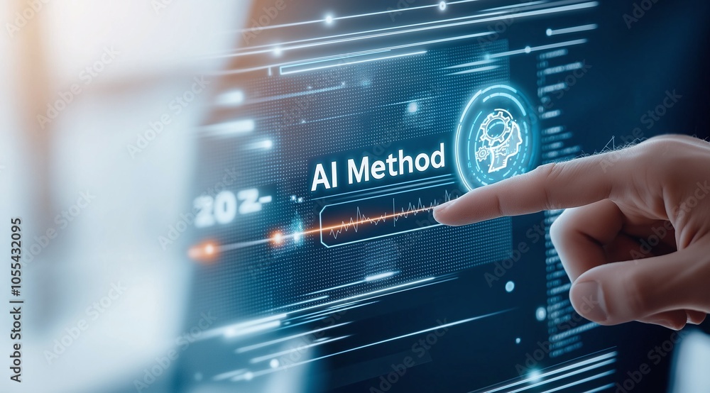 Aufkleber a hand interacts with a digital interface displaying ai technology concepts, highlighting innovation
