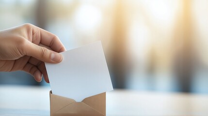 A hand placing a blank paper into a ballot box, symbolizing voting and civic engagement in a serene environment.