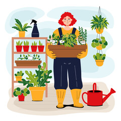 A smiling red-haired gardener holds a box of seedlings. A happy woman grows plants at home. Garden tools and pots with homemade flowers. Flat style. Urban jungle illustration concept.