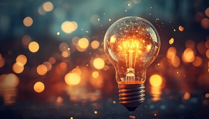 A Glowing Light Bulb with Sparkles Against a Bokeh Background