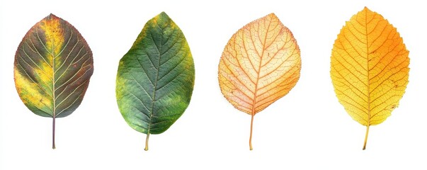An autumn leaf set in green, yellow, orange, and red colors. Color gradient from green to yellow to orange to red.