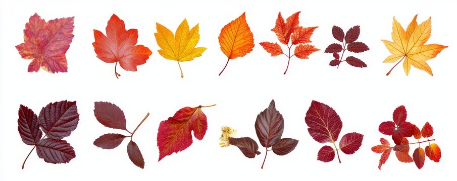 Transparent set of autumn colored maple, oak, grape, and platan leaves. Colorful autumn leaves at the end of summer.