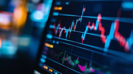 Financial trading charts on screen with blurred background