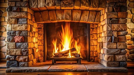 A roaring fire crackling in a stone fireplace, crackling sound, fuel, fireplace, cozy atmosphere, peaceful