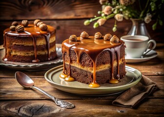 Elegant Vintage Chocolate Cake with Caramel Sauce on Plate for Dessert Lovers