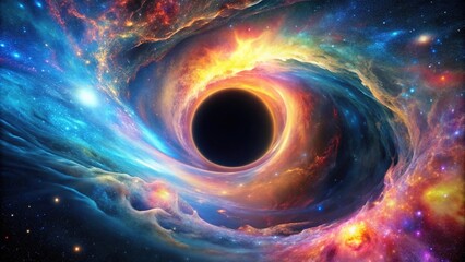 A stunning astronomical image of a black hole with vibrant colors and swirling energy in the background, astronomy, star clusters, cosmic radiation, galaxies