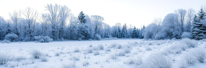 Obraz premium A scenic winter landscape with snow-covered trees and a frozen lake, frozen, white