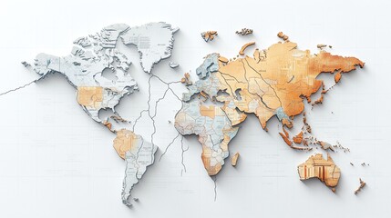 Abstract world map with textured continents in contrasting colors, showcasing global connections and geographic diversity on white background.